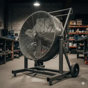 An industrial fan with a durable steel frame, commonly used as a heavy-duty shop fan for cooling workshops.