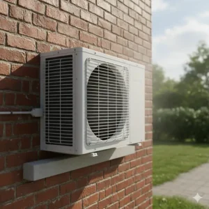 A heavy-duty, commercial-grade through-the-wall air conditioner with a 28,000 BTU cooling capacity installed in a brick exterior wall.