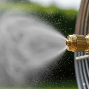Close-up of a high-pressure misting fan's nozzle creating an ultra-fine mist for efficient outdoor cooling.