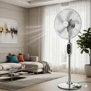 A high-velocity, 30-inch pedestal fan cooling a spacious living room, showcasing its ability to circulate air efficiently in a residential setting.