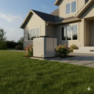 Exterior view of a comfortable home cooled by a newly installed 16 SEER air conditioner.