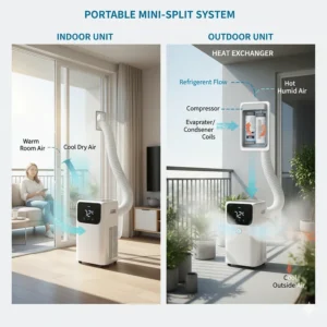 An illustration showing how a portable mini split system works, detailing the indoor and outdoor units.