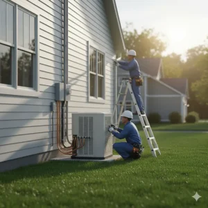 HVAC technicians professionally installing a new 14 SEER central air conditioner system outside a home.