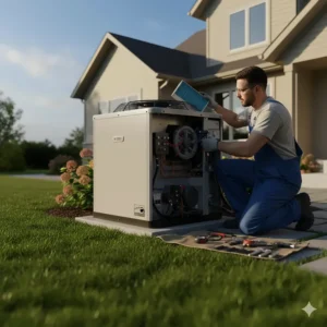 HVAC technician performing professional maintenance on a 16 SEER air conditioner unit.