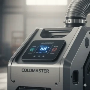 A clear view of the digital control panel on a portable industrial air conditioner, showing temperature and fan settings.