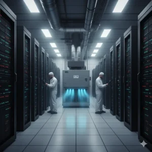 An industrial air conditioner providing precision cooling to prevent overheating in a data center full of server racks.