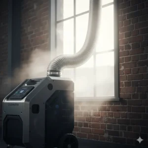 Close-up of a flexible exhaust hose from a portable industrial air conditioner venting hot air out of a window.