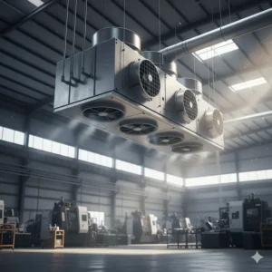 An industrial air conditioning indoor unit mounted on a ceiling, designed for large-scale climate control.