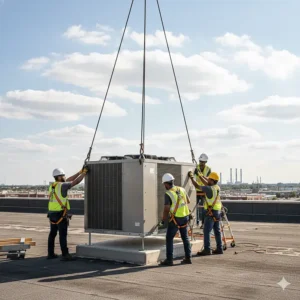 A team of technicians installing a new industrial air conditioning system on a commercial rooftop.