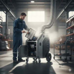 A technician performing routine maintenance on a portable industrial air conditioner, cleaning its air filter.