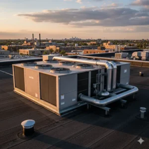 A large rooftop industrial air conditioner unit, servicing the entire building below with commercial HVAC solutions.