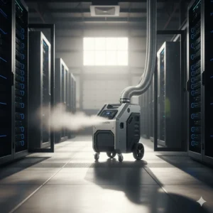 A compact portable air conditioner providing spot cooling for a critical server room to prevent equipment from overheating.