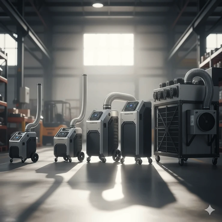 Image showing a range of different sized portable industrial air conditioners, from small spot coolers to large-scale units.