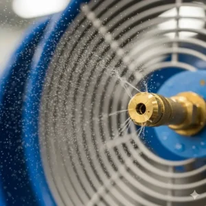 A close-up of an industrial misting fan's nozzle, showing fine water particles being dispersed for cooling.