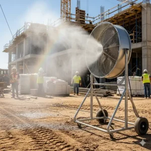 An industrial misting fan used at a construction site to reduce heat and dust for worker safety and comfort.