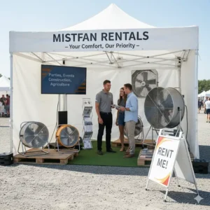 An industrial misting fan available for rental for events, outdoor gatherings, or temporary cooling needs.