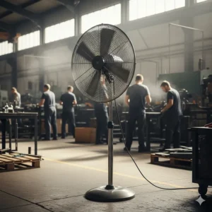 A heavy-duty 30 industrial pedestal fan positioned on a factory floor, effectively circulating air to maintain comfortable temperatures for workers.
