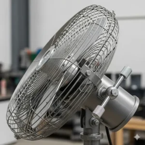Close-up of an adjustable industrial pedestal fan head, illustrating the tilt feature for directing airflow up or down to target specific areas.
