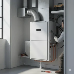 HVAC technician connecting refrigerant lines during the professional installation of a 2.5 ton air conditioner.