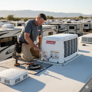 An RV technician performing rooftop installation or maintenance on a Coleman Mach RV air conditioner unit.