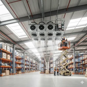 A professional technician installing a large commercial air conditioner unit in a warehouse.