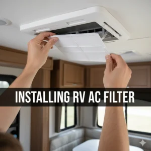Photo demonstrating the simple process of installing a new air conditioner filter into an RV ceiling grille.