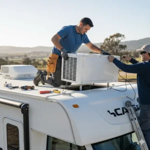 A technician carefully installing a new RV air conditioner on the vehicle's roof opening.