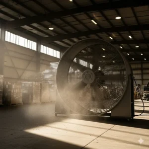 A wide-angle view of a large industrial floor fan positioned in a spacious warehouse. The fan is shown moving a large volume of air, illustrating its power and suitability for a large commercial space.