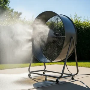 A large, industrial-grade misting fan operating on a hot patio, cooling people and plants with a fine spray of mist.