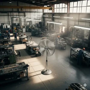 An overhead view of a large workshop with a 30-inch industrial pedestal fan positioned to provide high-velocity air movement, improving ventilation.