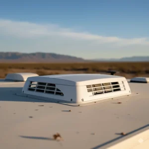 Example of a low-profile RV air conditioner rooftop unit, ideal for maintaining vertical clearance.