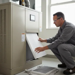 Technician replacing a large air filter during routine maintenance on a 5 ton AC unit.