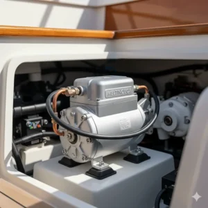 A close-up view of a high-efficiency rotary compressor used in a marine air conditioner, highlighting its compact design for tight boat spaces.