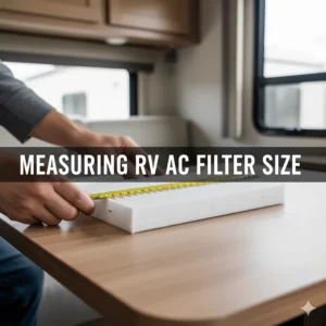 A hand using a tape measure to determine the correct dimensions for replacement RV air conditioner filters.