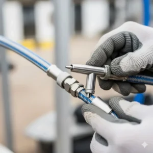 An installation professional attaches a stainless steel misting nozzle to a high pressure line, ensuring a fine, consistent mist for effective cooling.