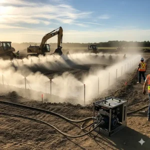 A high pressure misting system is deployed at a construction site for effective dust control, showcasing its versatility beyond cooling.