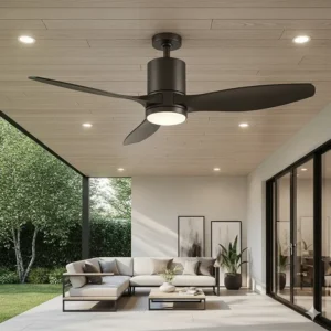 A sleek, modern 52-inch outdoor ceiling fan with three blades, perfect for contemporary outdoor living spaces.