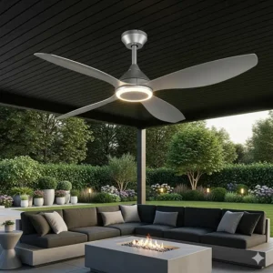 A contemporary 48-inch outdoor fan with unique, sculpted blades, enhancing the aesthetic of a modern outdoor living area.