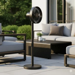A sleek, modern outdoor pedestal fan with a stylish design that complements contemporary patio furniture.