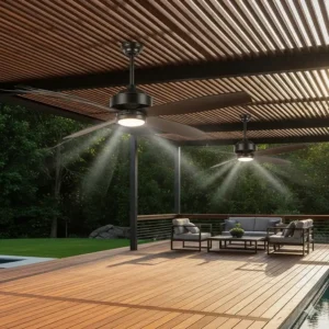 Two 84-inch ceiling fans mounted side-by-side on a large outdoor deck, providing comprehensive air circulation.