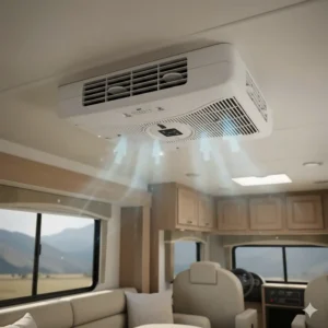 Picture showing a non-ducted rooftop RV air conditioner with a visible interior air outlet grille.