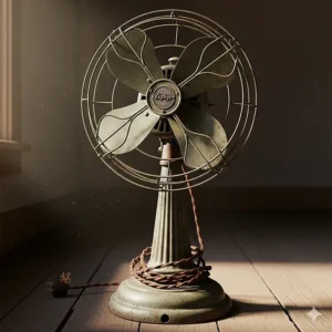 A worn but charming old metal pedestal fan with a distressed patina, highlighting its age and character.