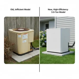 Side-by-side comparison of an old, bulky AC unit and a new, compact 3.0 ton air conditioner model.