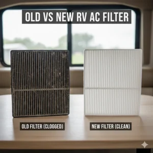 Comparison image showing a dirty, clogged old air conditioner filter for RV next to a brand-new, white one, emphasizing the need for regular replacement.