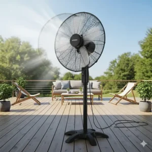 An action shot showing an oscillating outdoor pedestal fan with a wide sweep, distributing air across a large deck.