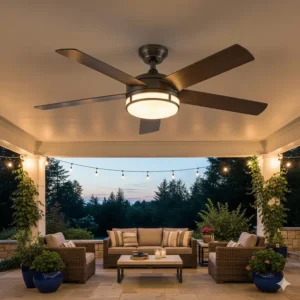 A 48-inch outdoor ceiling fan with an integrated LED light kit, providing both air circulation and illumination for a patio.