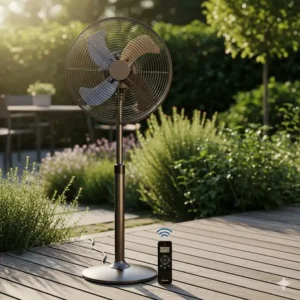 An outdoor pedestal fan next to its remote control, showcasing the convenience of remote operation.