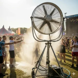A large outdoor misting fan providing relief from the heat at a summer festival or concert venue.
