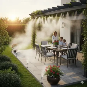 A high pressure misting system installed along the perimeter of a residential patio, providing a cool and comfortable environment for outdoor dining and relaxation.