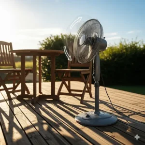 A gray oscillating pedestal fan cooling a wooden deck area with a small table and two chairs.